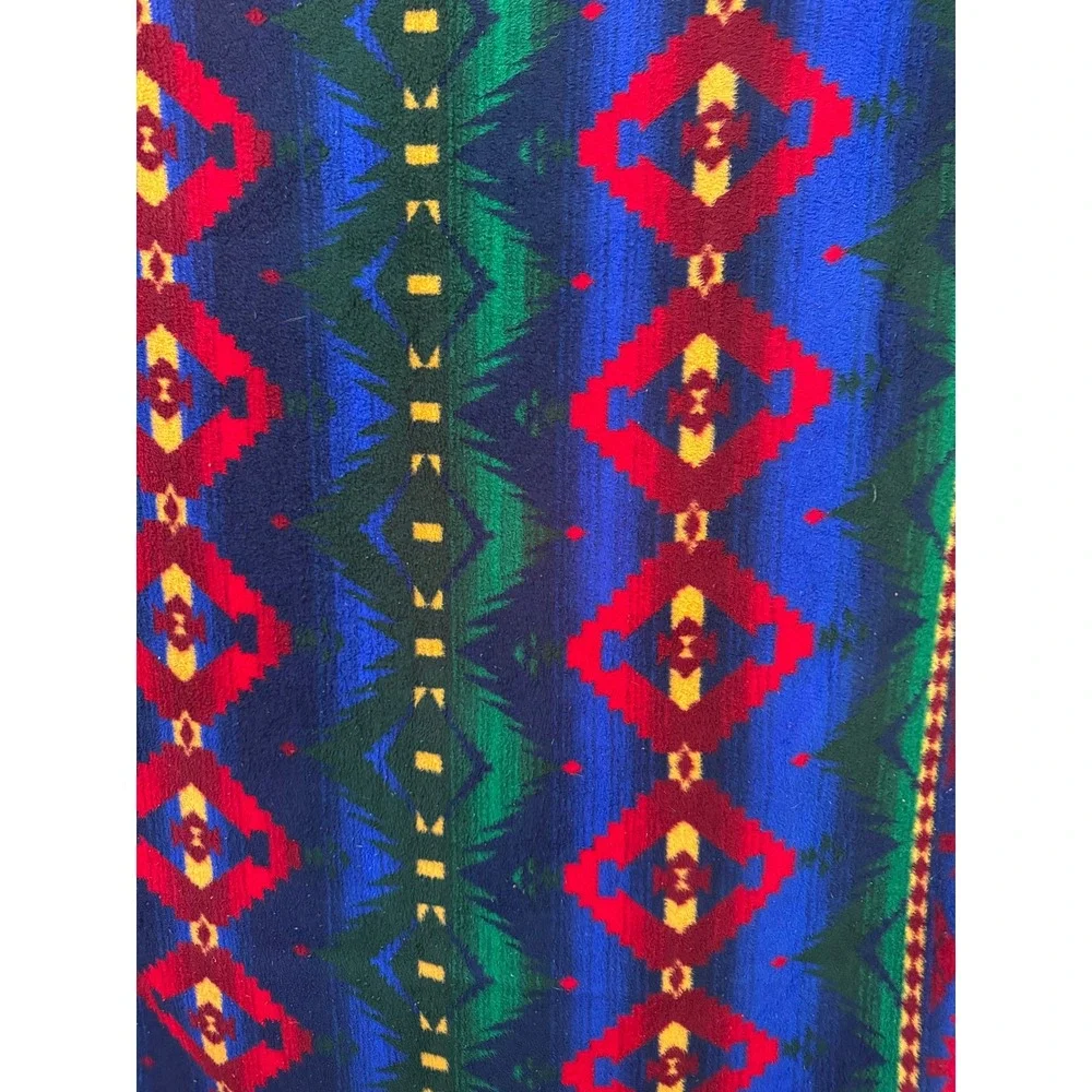 LL Bean Vintage Southwestern Tribal Fleece Throw Blanket Blue Red Green USA Made